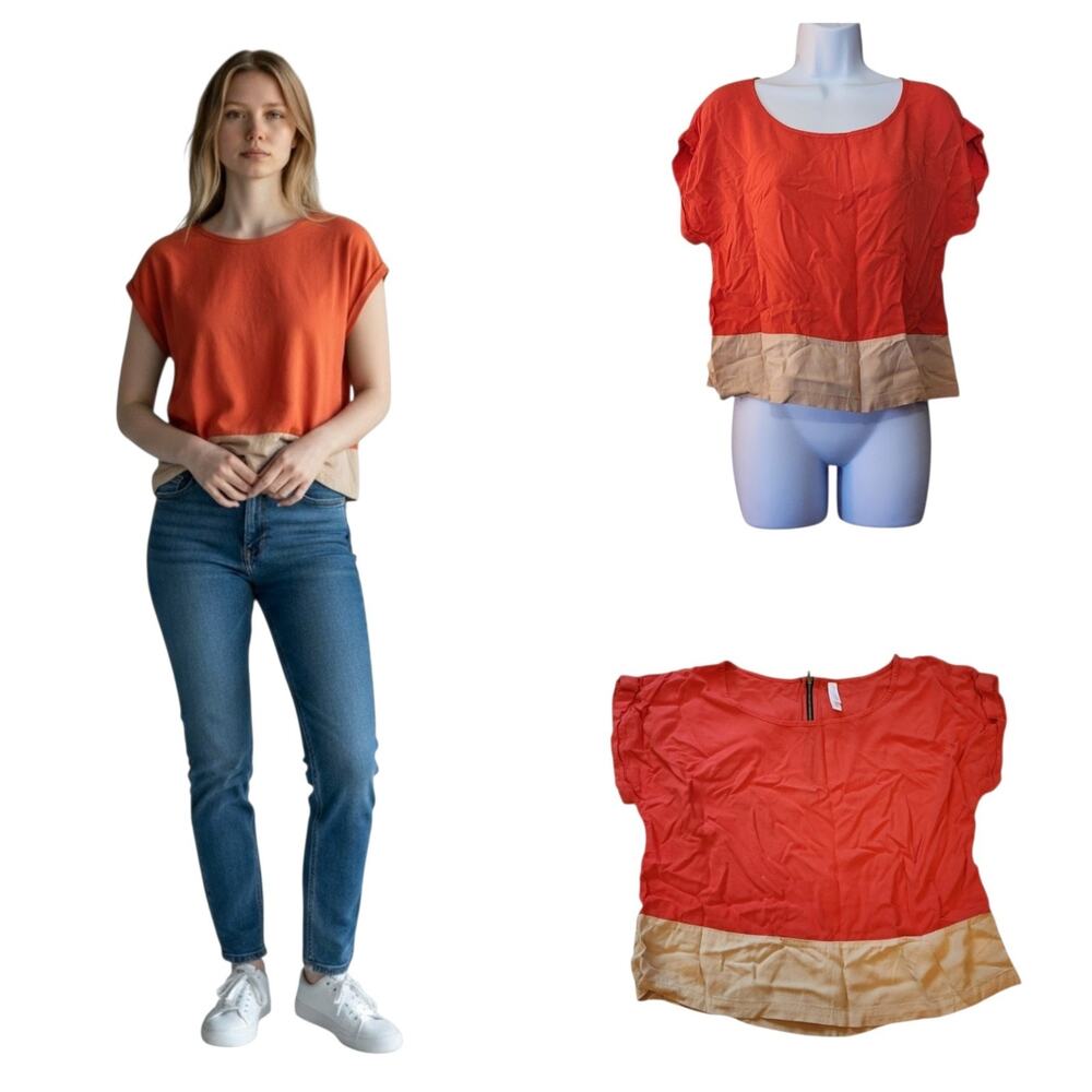 Xhilaration Womens Pullover Top Size S Orange Colorblock Zip Back Drop Sleeve